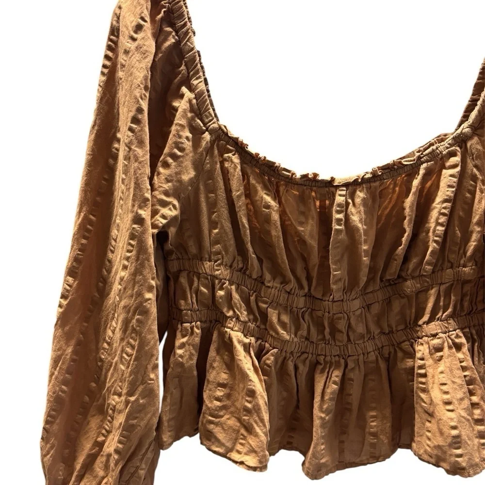 J.CREW Re-Imagined Brown Smocked Peplum Blouse | Size L